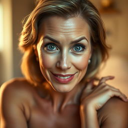 A stunning 50-year-old woman, directly facing the camera with a look of delightful surprise