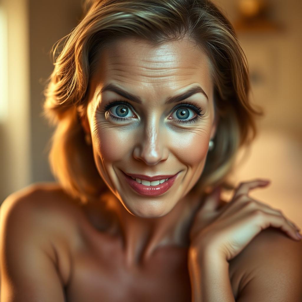 A stunning 50-year-old woman, directly facing the camera with a look of delightful surprise