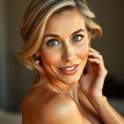 A stunning 50-year-old woman, directly facing the camera with a look of delightful surprise