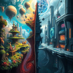 A stunningly imaginative scene depicting parallel worlds, filled with rich, vibrant colors and intricate details