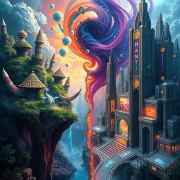 A stunningly imaginative scene depicting parallel worlds, filled with rich, vibrant colors and intricate details