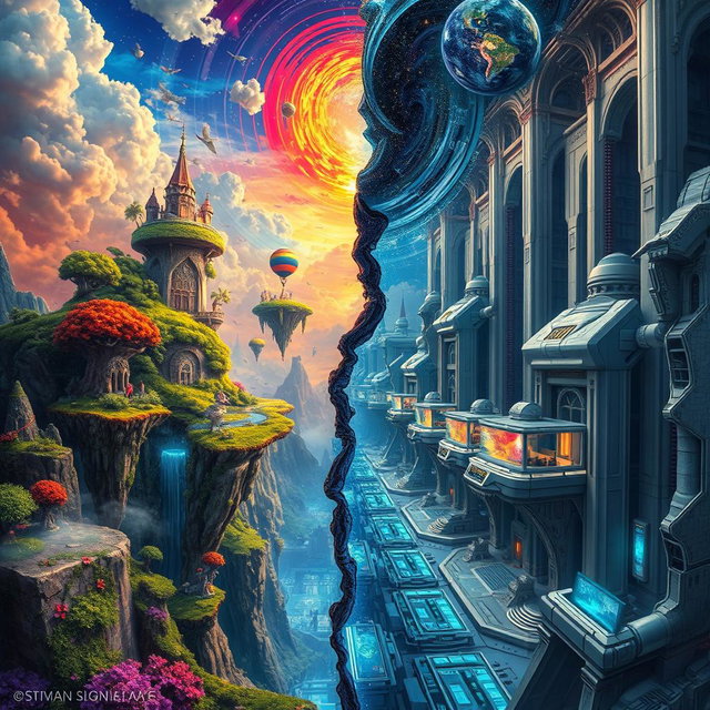 A stunningly imaginative scene depicting parallel worlds, filled with rich, vibrant colors and intricate details