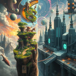 A stunningly imaginative scene depicting parallel worlds, filled with rich, vibrant colors and intricate details