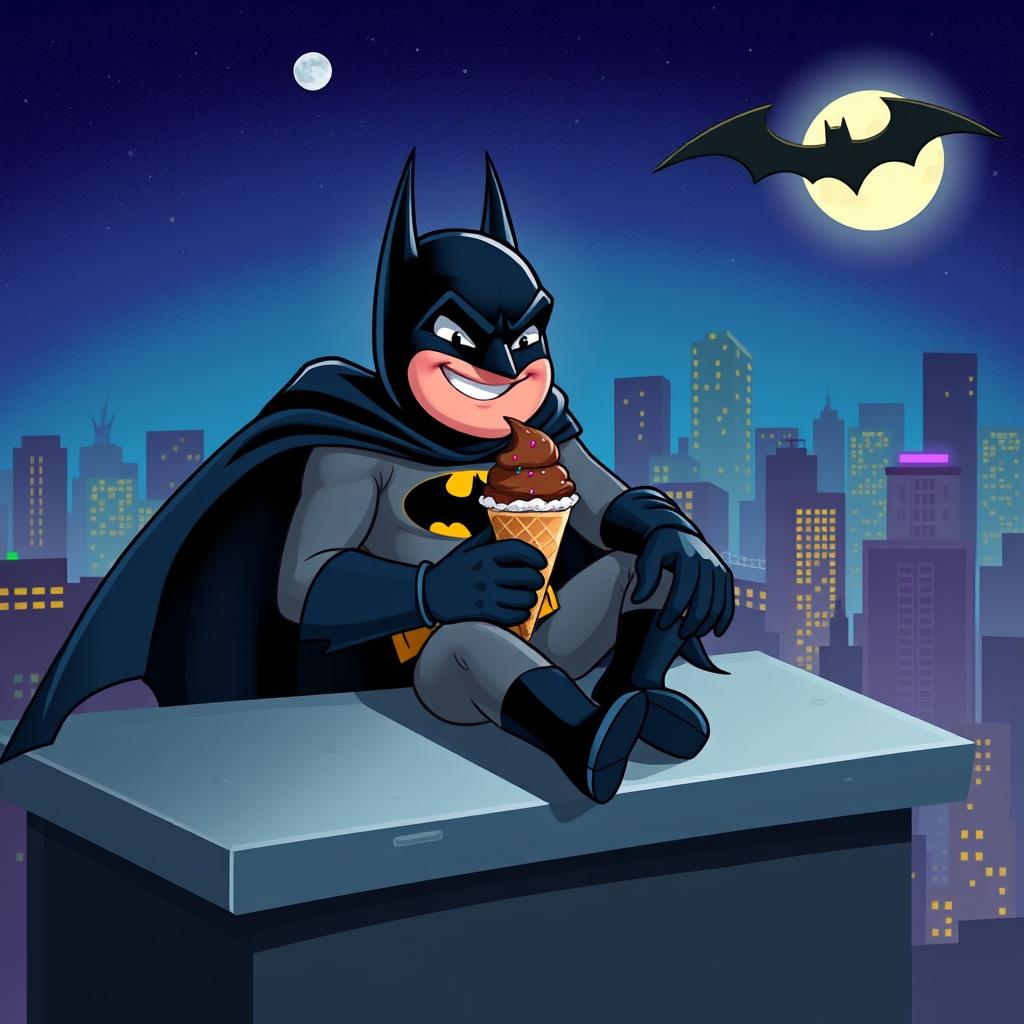 Batman sitting on a rooftop enjoying an ice cream cone, city skyline in the background, night time with a full moon illuminating the scene, Batman in his classic dark cape and cowl, a playful expression on his face as he takes a bite of the ice cream, colorful city lights twinkling below, with the bat signal shining in the sky, the ice cream is chocolate flavor with sprinkles, vibrant colors and a whimsical feel