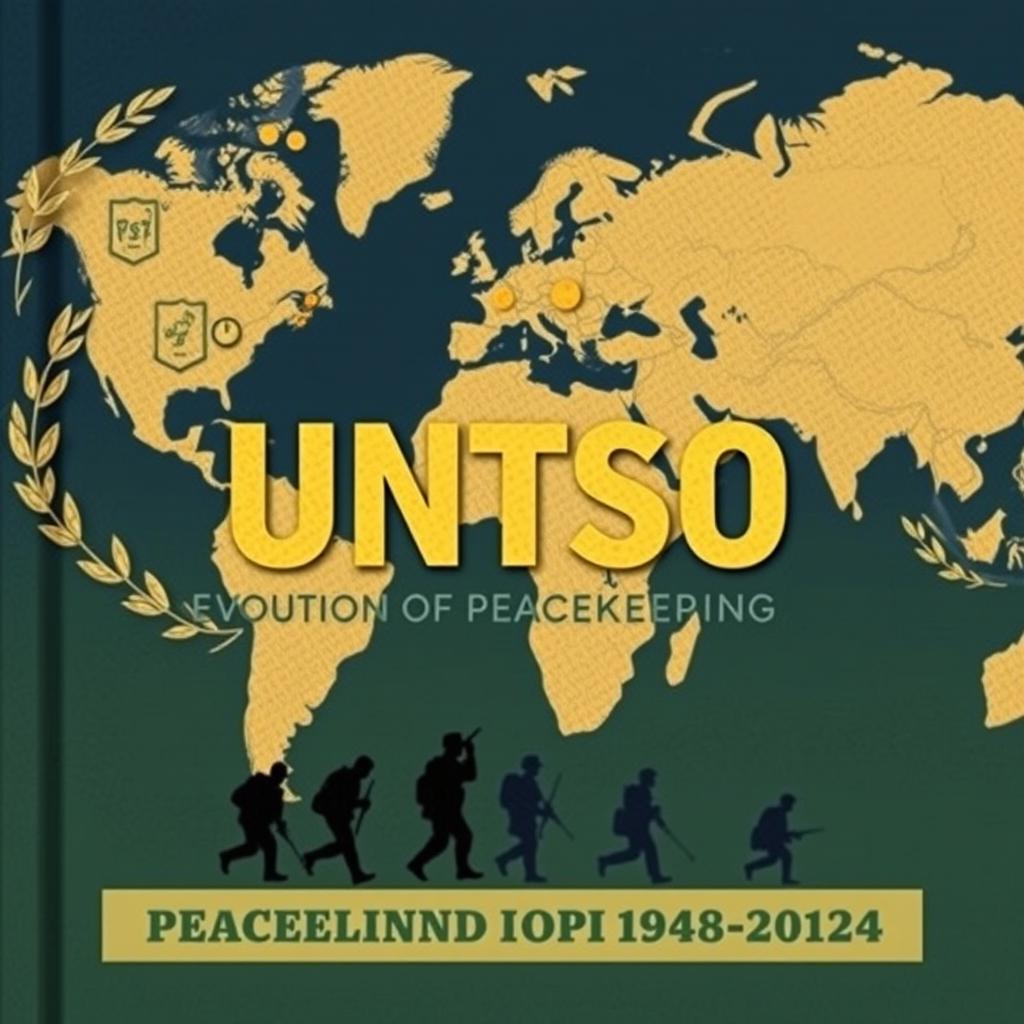 A dramatic and eye-catching book cover design for 'UNTSO: Evolution of Peacekeeping 1948-2024'