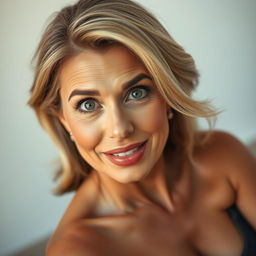 A gorgeous 50-year-old woman, looking directly at the camera with an expression of delightful surprise