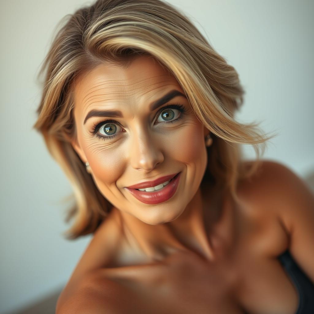 A gorgeous 50-year-old woman, looking directly at the camera with an expression of delightful surprise