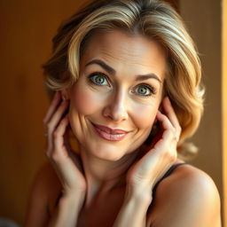 A gorgeous 50-year-old woman, looking directly at the camera with an expression of delightful surprise