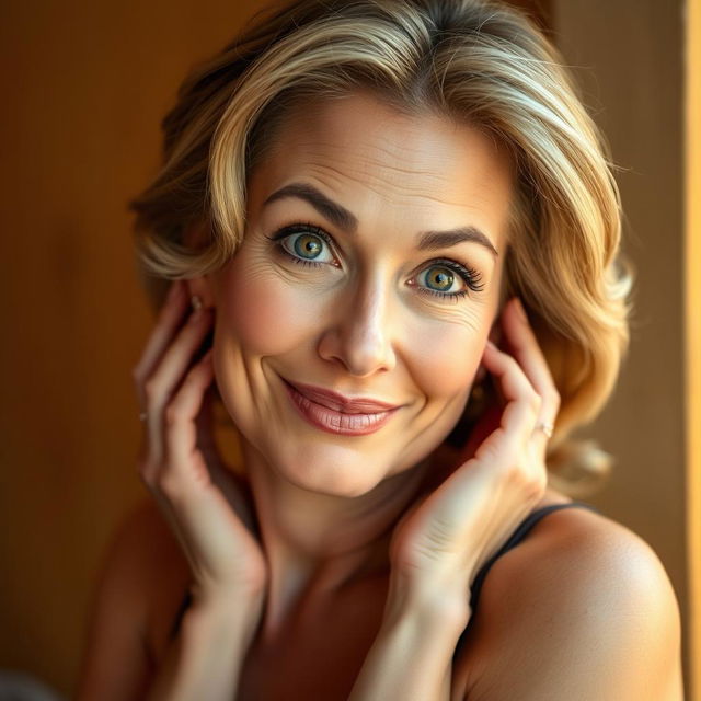 A gorgeous 50-year-old woman, looking directly at the camera with an expression of delightful surprise