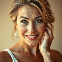 A gorgeous 50-year-old woman, looking directly at the camera with an expression of delightful surprise