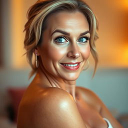 A gorgeous 50-year-old woman, looking directly at the camera with an expression of delightful surprise