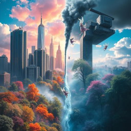 A surreal scene depicting the concept of parallel worlds intersecting, where vibrant colors clash with eerie shades of gray, representing a mysterious gray substance that has leaked, creating a vivid, dreamlike environment