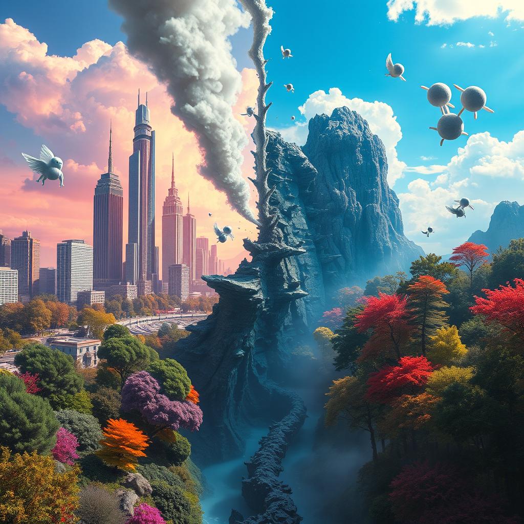 A surreal scene depicting the concept of parallel worlds intersecting, where vibrant colors clash with eerie shades of gray, representing a mysterious gray substance that has leaked, creating a vivid, dreamlike environment