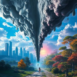 A surreal scene depicting the concept of parallel worlds intersecting, where vibrant colors clash with eerie shades of gray, representing a mysterious gray substance that has leaked, creating a vivid, dreamlike environment