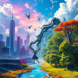 A surreal scene depicting the concept of parallel worlds intersecting, where vibrant colors clash with eerie shades of gray, representing a mysterious gray substance that has leaked, creating a vivid, dreamlike environment
