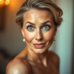 A beautiful 50-year-old woman, gazing directly at the camera with a surprised expression that conveys wonder and allure
