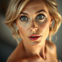 A beautiful 50-year-old woman, gazing directly at the camera with a surprised expression that conveys wonder and allure