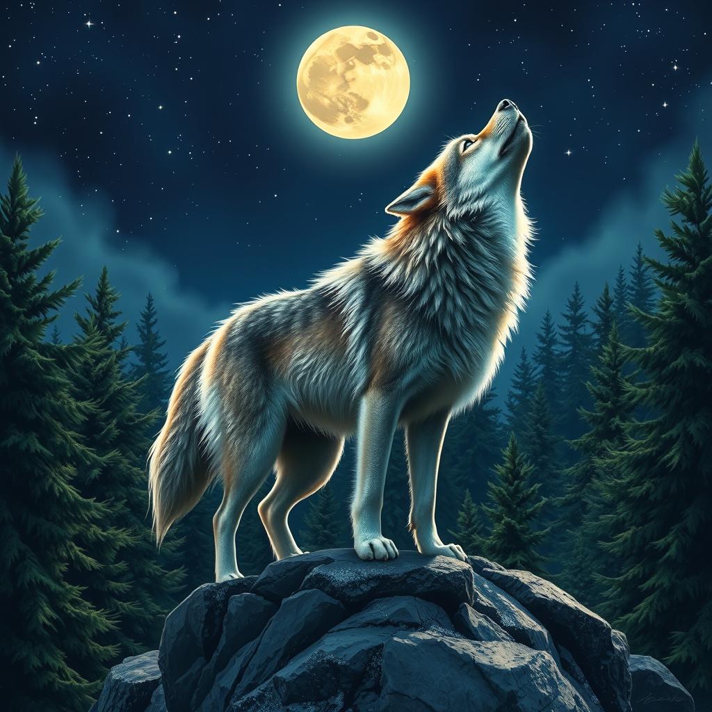 A majestic wolf standing on a rocky outcrop, howling at a full moon glowing brightly in a starry night sky