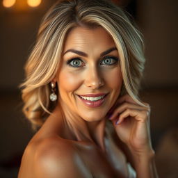 A beautiful 50-year-old woman, facing the camera with an expression of delightful surprise