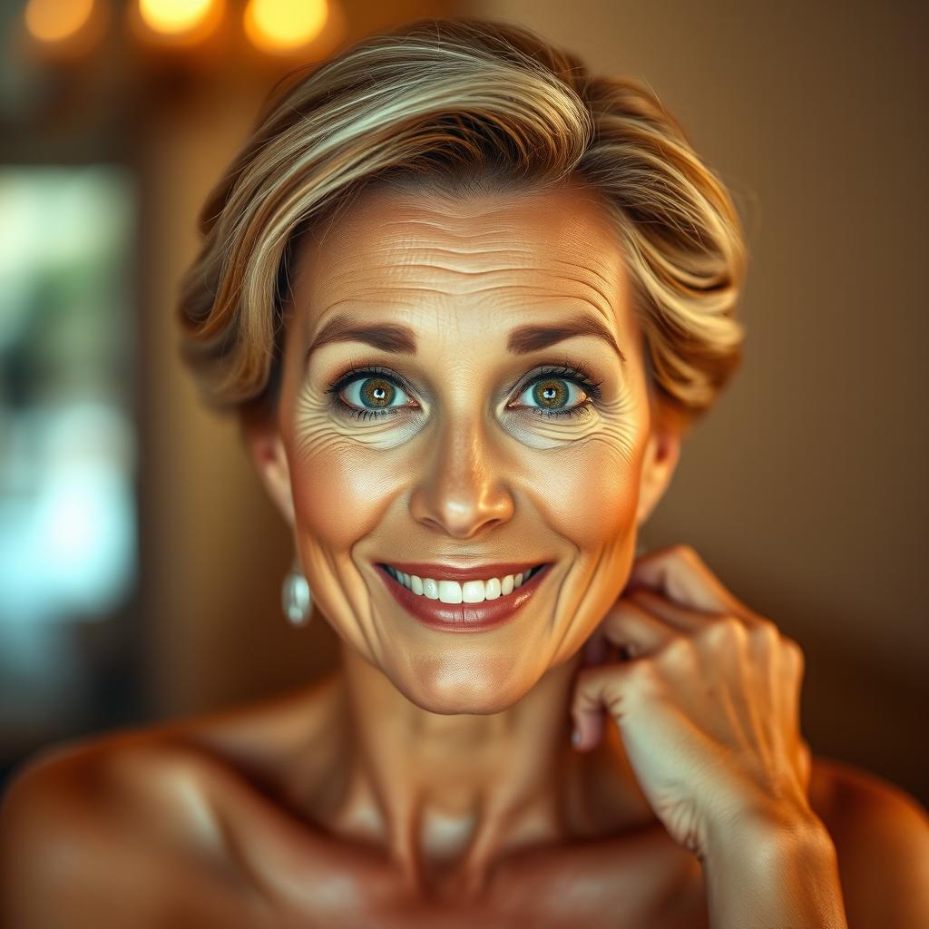 A beautiful 50-year-old woman, facing the camera with an expression of delightful surprise