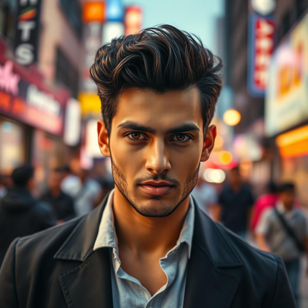 A striking portrait of a man named Amir Ali, depicted as a charismatic, confident figure in a vibrant urban setting