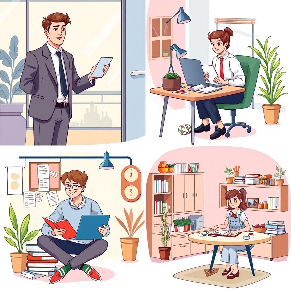 A vibrant illustration depicting four groups of people engaging in different activities