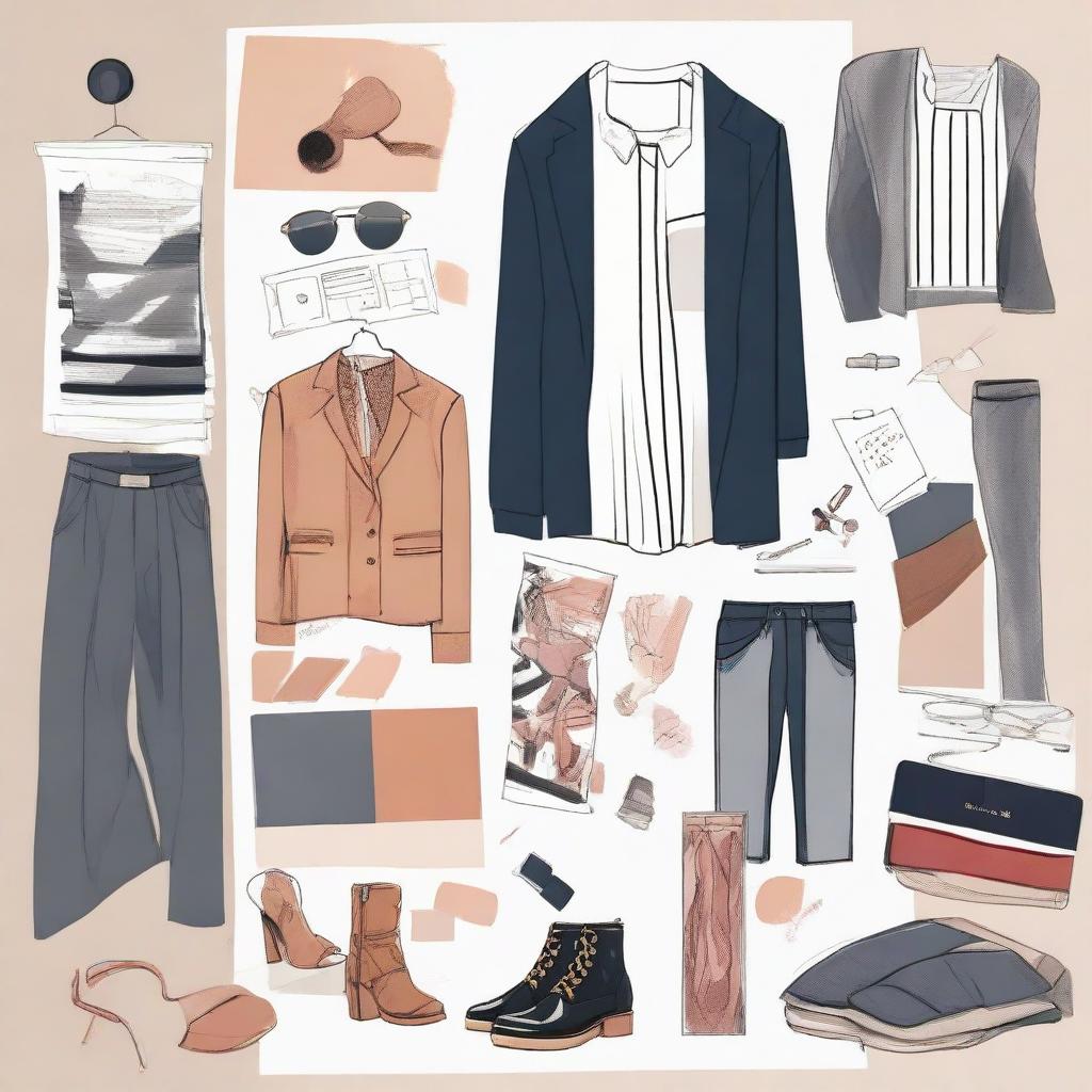 Stylish and modern fashion design scene, featuring sketches of clothing, accessory designs, fabric swatches, and color palettes.