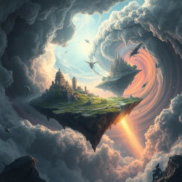 A mesmerizing scene depicting the intersection of parallel worlds, created as a result of a mysterious gray substance leaking into the atmosphere