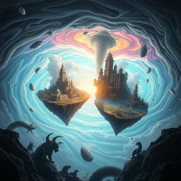 A mesmerizing scene depicting the intersection of parallel worlds, created as a result of a mysterious gray substance leaking into the atmosphere