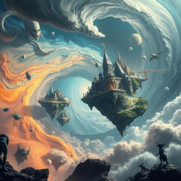 A mesmerizing scene depicting the intersection of parallel worlds, created as a result of a mysterious gray substance leaking into the atmosphere