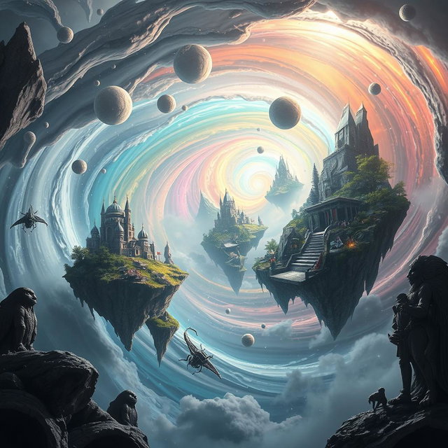 A mesmerizing scene depicting the intersection of parallel worlds, created as a result of a mysterious gray substance leaking into the atmosphere