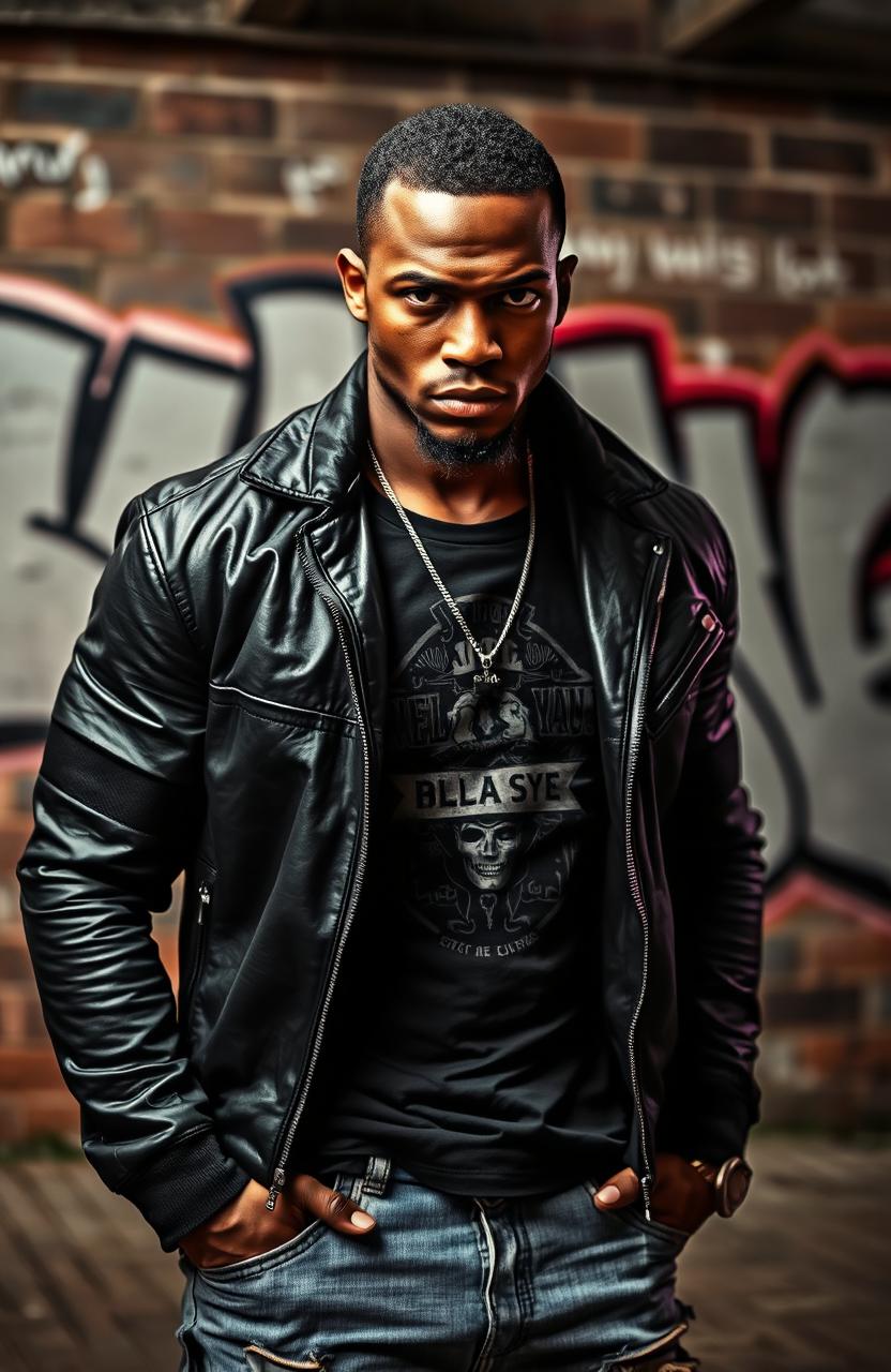 A dramatic portrait of a strong black man with an intense gaze, showcasing his muscular physique and confident demeanor