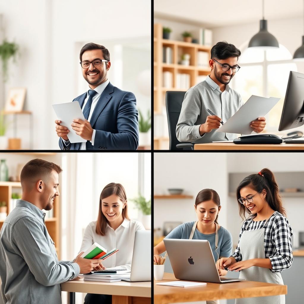 A realistic, high-resolution image depicting four distinct groups of people, each representing different life roles: a business owner confidently presenting their product in a professional setting, an employee working diligently at a desk with a computer and paperwork, a student engaging in studies with books and a laptop in a cozy study area, and a homemaker happily preparing a meal in a modern kitchen