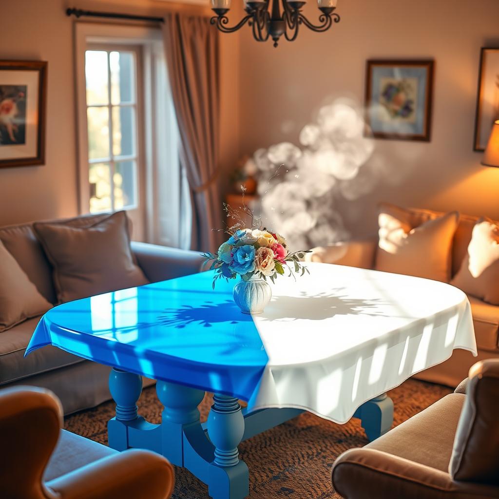 A transformation scene where a vibrant blue table magically shifts into a pristine white table