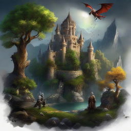 A captivating image filled with elements of fantasy gaming; dragons, knights, magical artifacts, grand castles, and mystical forests.