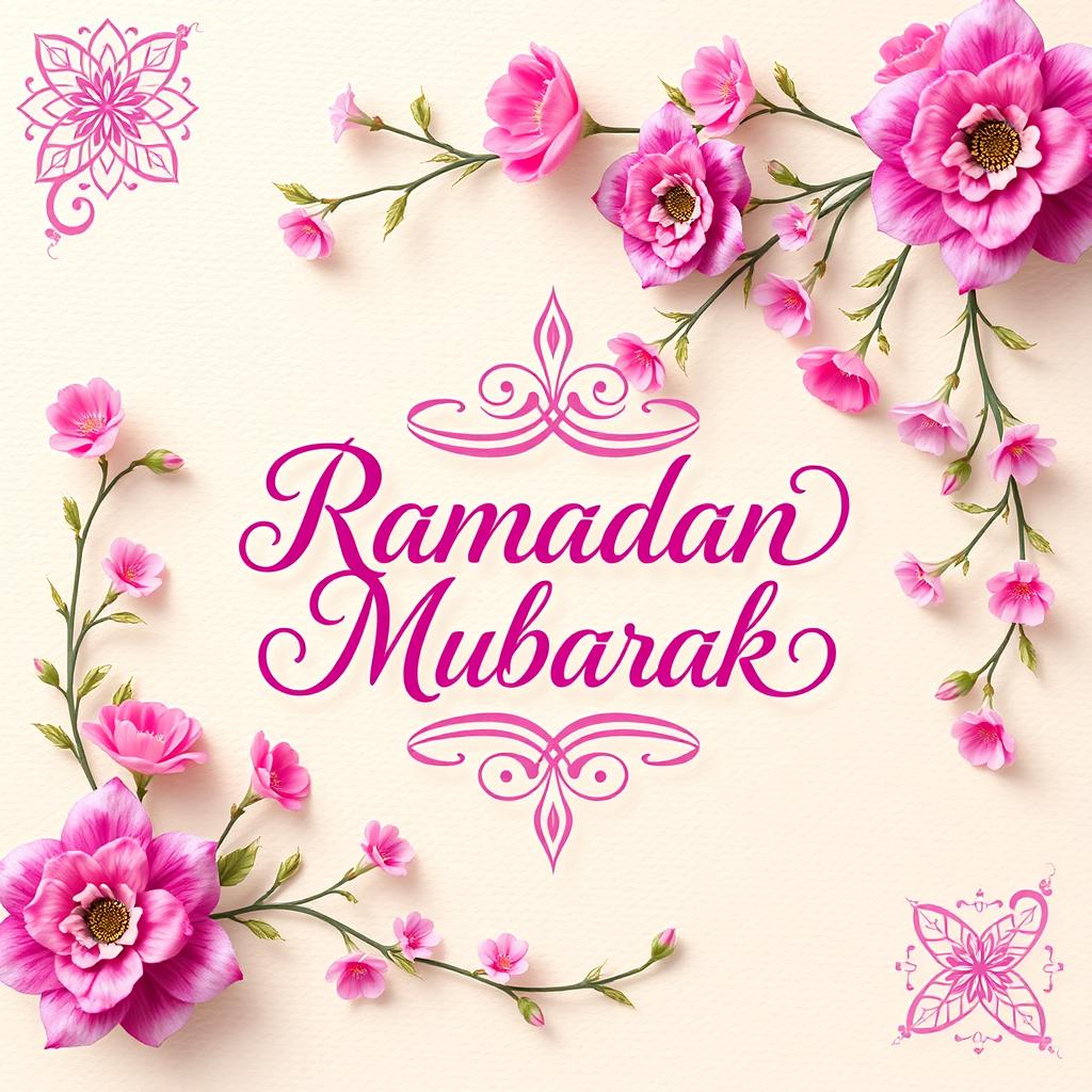 A beautiful and elegant Ramadan greeting card design featuring floral decorations in shades of pink and purple