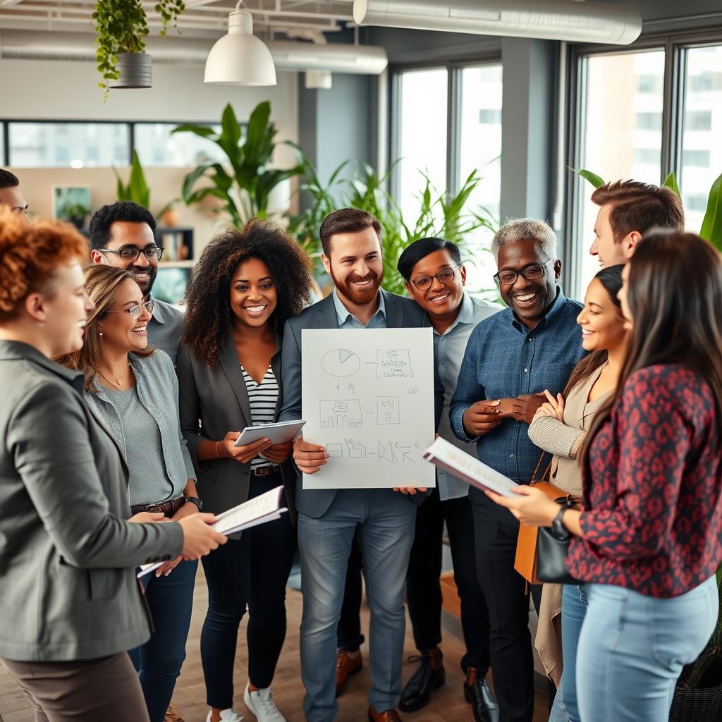 A diverse group of business owners gathered together in a modern office space, showcasing various ethnicities and genders