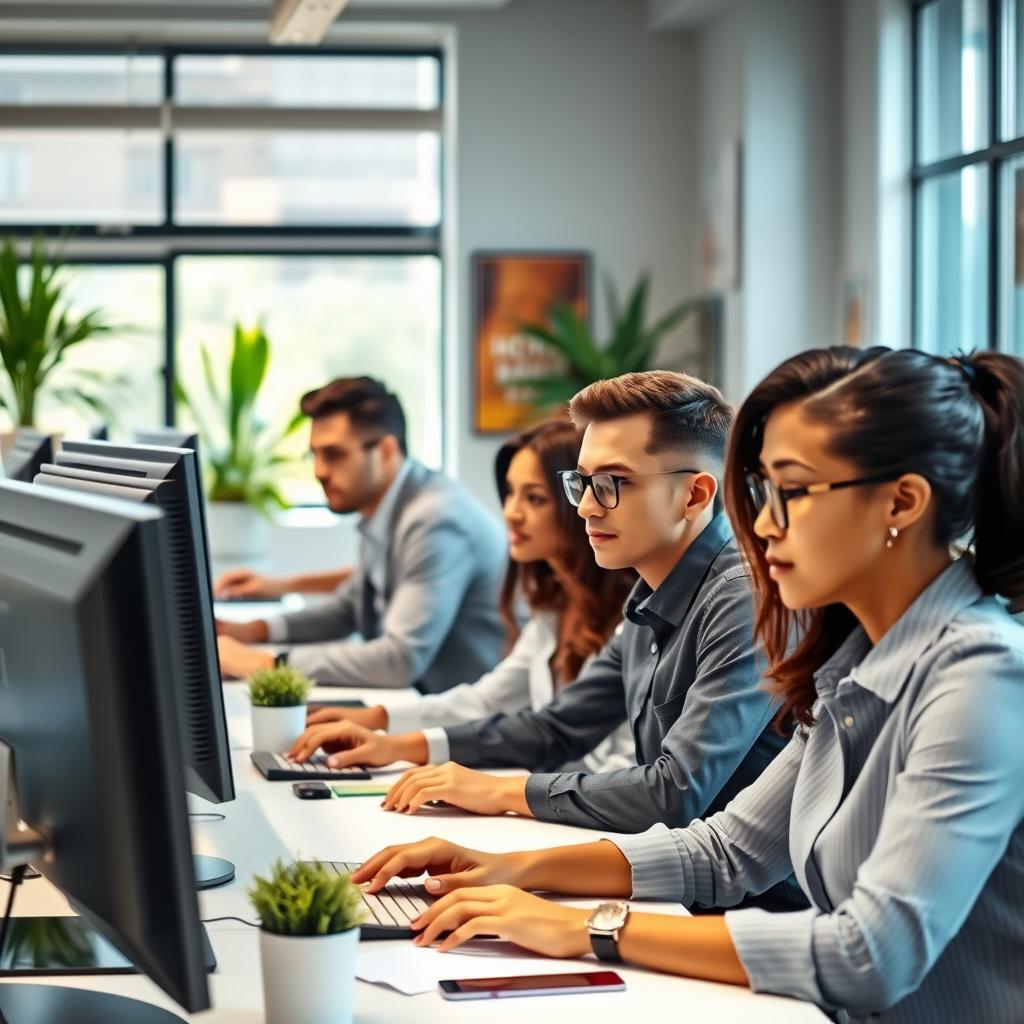 A vibrant office scene featuring several employees focused on their work at their desks, each using computers