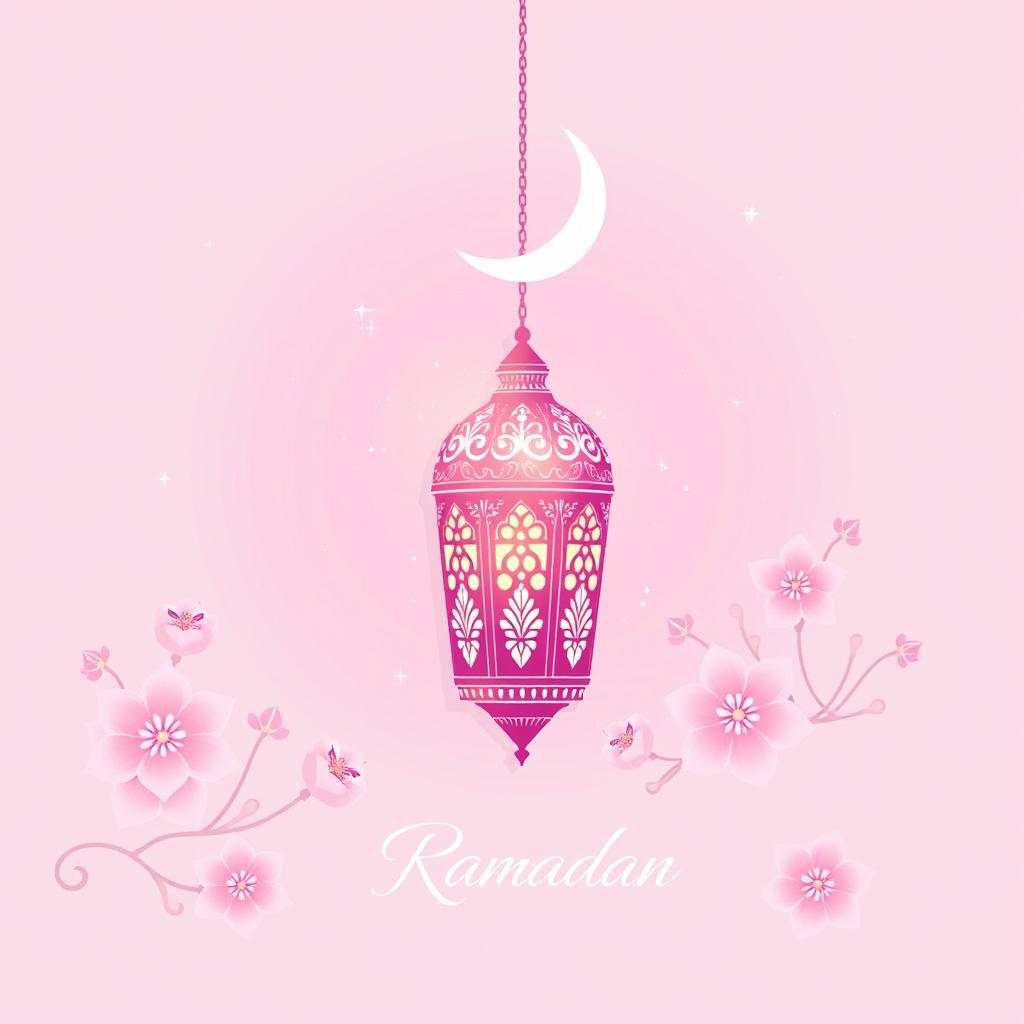 A beautiful Ramadan greeting card design featuring a soft pink and purple color scheme