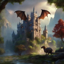 A captivating image filled with elements of fantasy gaming; dragons, knights, magical artifacts, grand castles, and mystical forests.