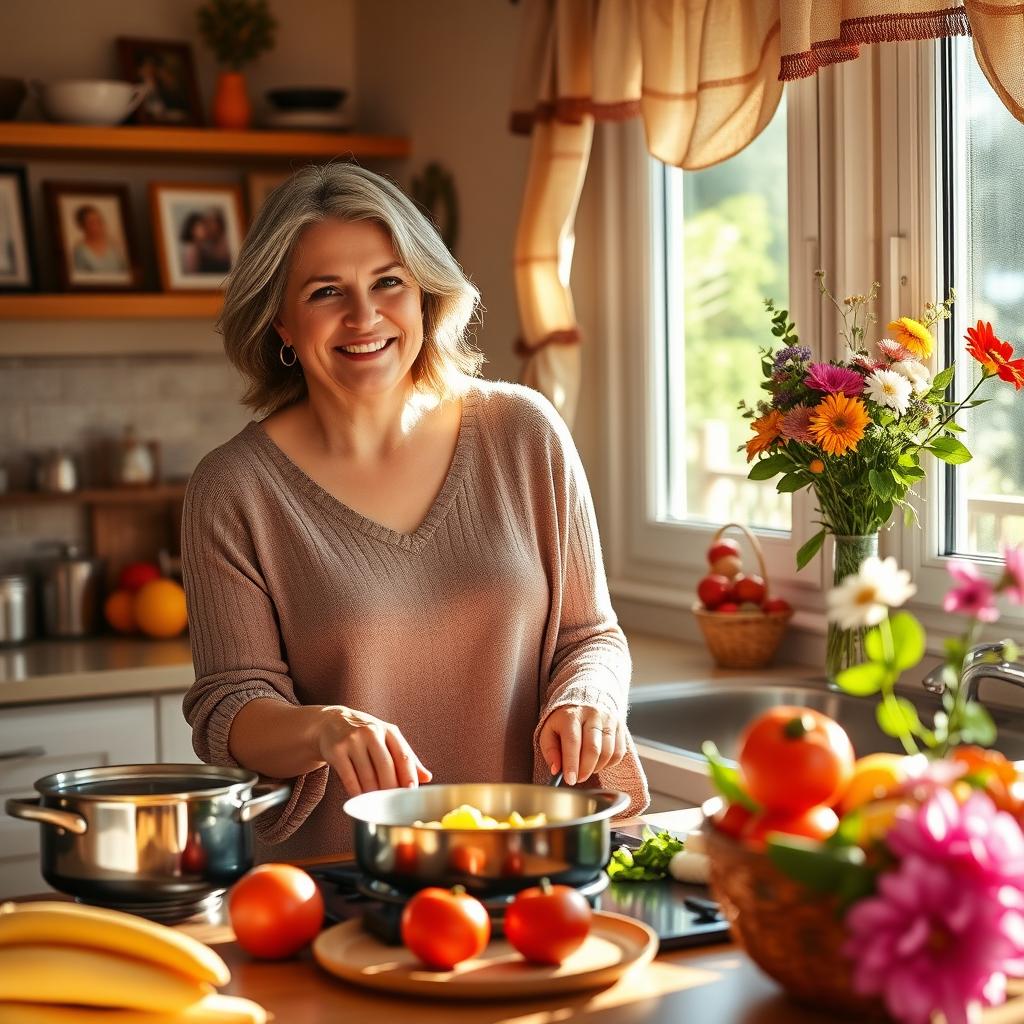A warm and inviting scene featuring a mother who embodies the essence of a caring homemaker
