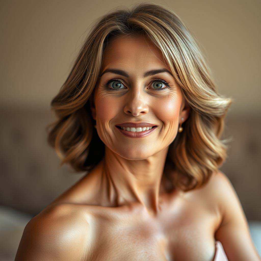 A stunning 50-year-old woman, facing the camera with an expression of delightful surprise that highlights her captivating beauty