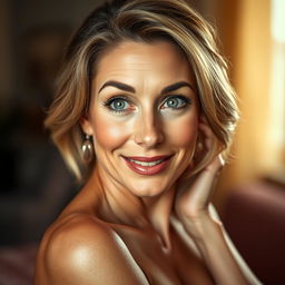 A stunning 50-year-old woman, facing the camera with an expression of delightful surprise that highlights her captivating beauty