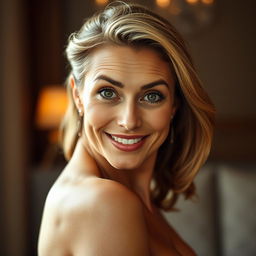 A stunning 50-year-old woman, facing the camera with an expression of delightful surprise