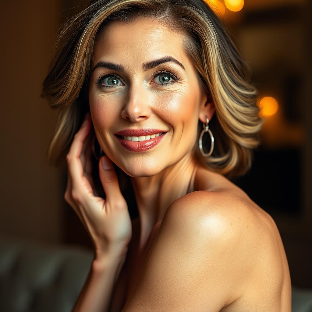 A stunning 50-year-old woman, facing the camera with an expression of delightful surprise