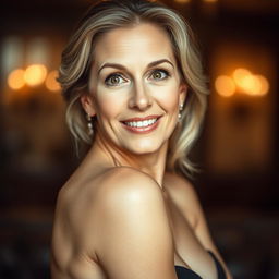 A stunning 50-year-old woman, facing the camera with an expression of delightful surprise