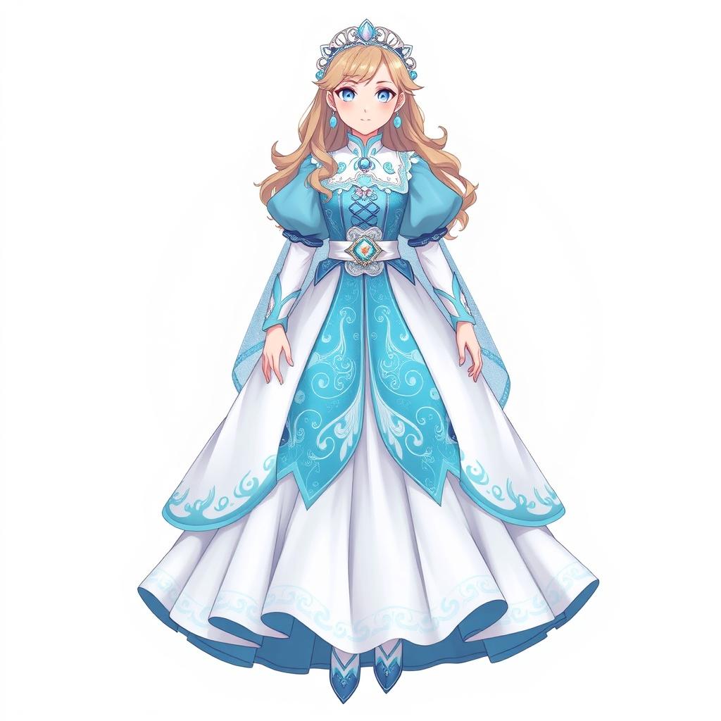 A theatrical costume design inspired by Furina from Genshin Impact for a young girl character