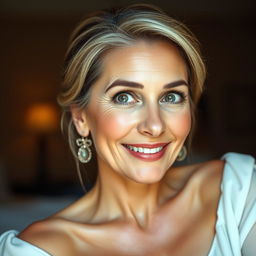 A gorgeous 50-year-old woman, strikingly beautiful and facing the camera with a look of delightful surprise