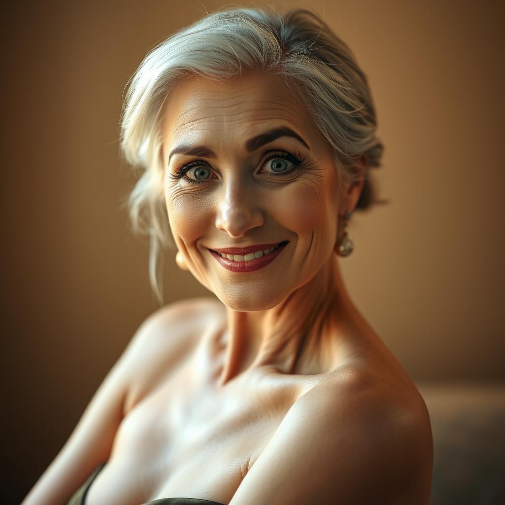 A gorgeous 50-year-old woman, strikingly beautiful and facing the camera with a look of delightful surprise