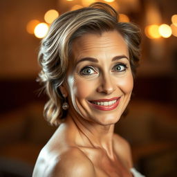 A gorgeous 50-year-old woman, strikingly beautiful and facing the camera with a look of delightful surprise